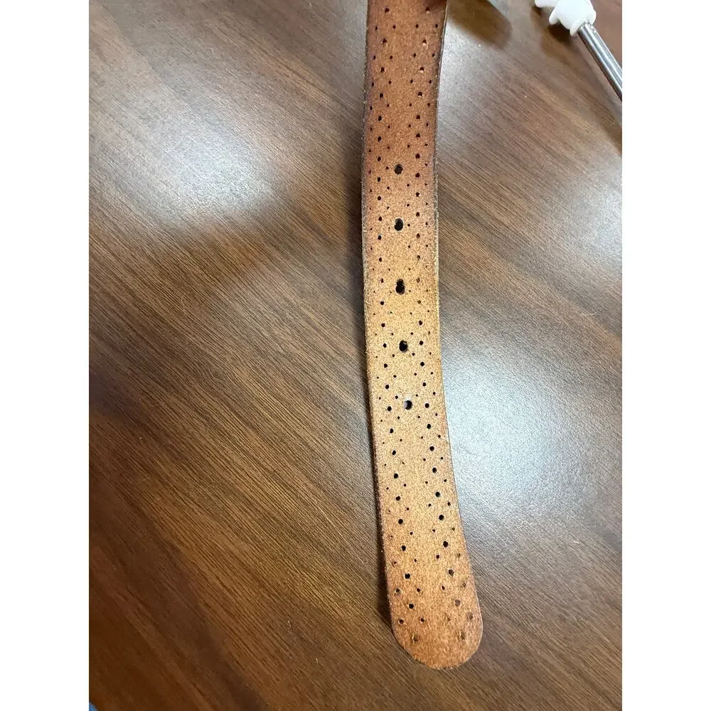 Fossil Leather Belt Perforated Cutout Boho Brass Buckle Brown 41 Inch